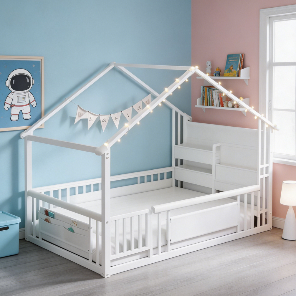 White Twin Montessori Floor Bed with Bookshelf Lights Storage Pockets