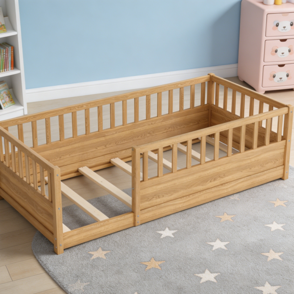 Natural Twin Montessori Floor Bed with High Fence Door